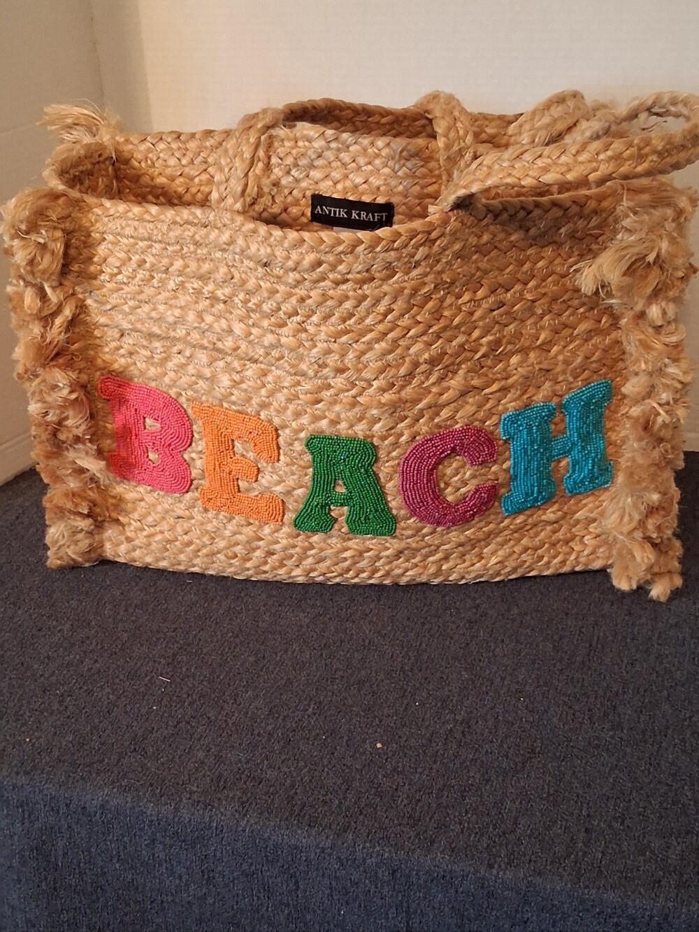 Antik Kraft Natural 100% Jute Tote with Multicolor Beaded "BEACH" Letters Fun
